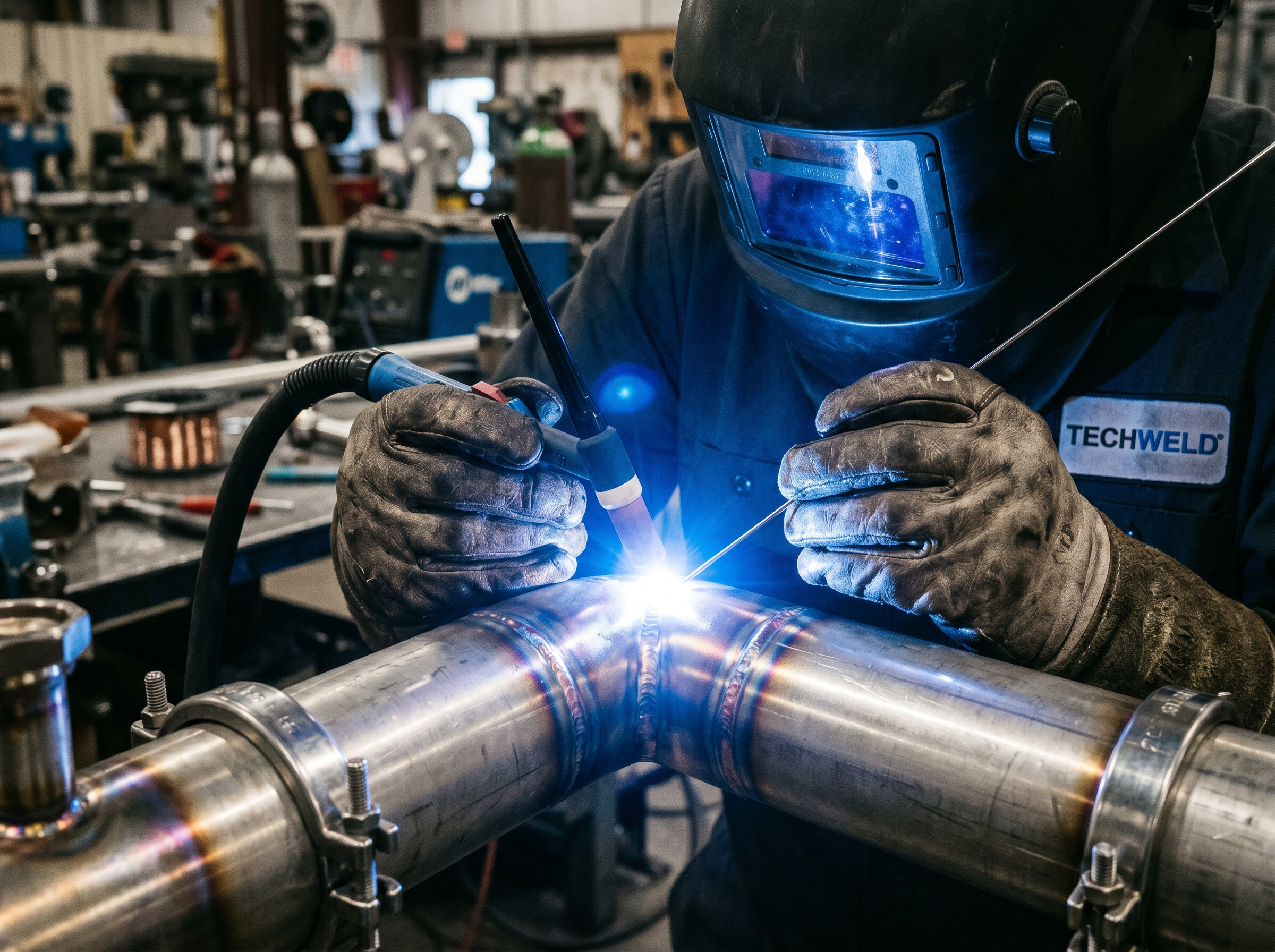 Industrial welder performing MIG/MAG welding on a steel structure